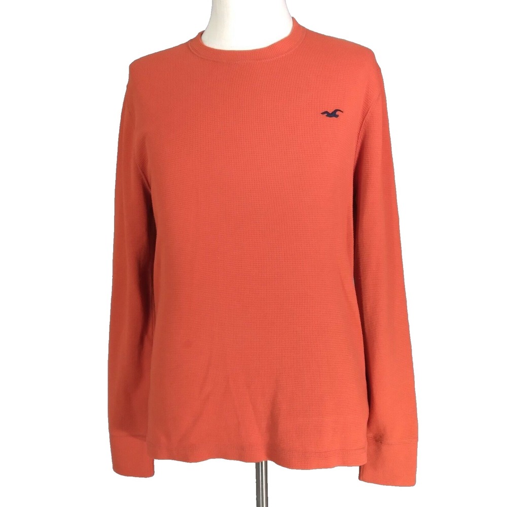 Hollister T-Shirt Mens L Orange Thermal Waffle Knit Long Sleeve Logo Casual